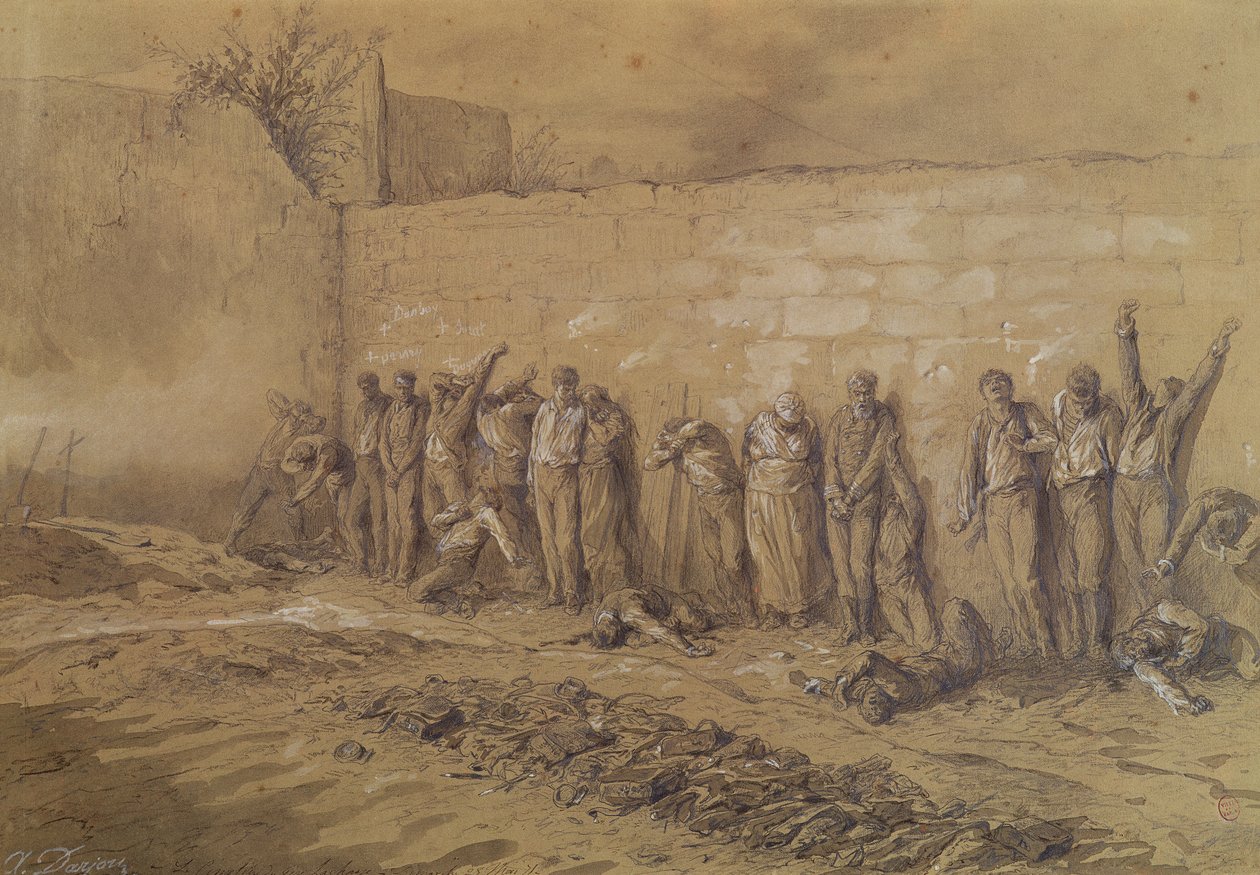 Teloitus "Mur des Federes":ssä, Pere-Lachaisen hautausmaalla, 28. toukokuuta 1871 (ruskea liitu ja pesu, korostettu valkoisella guassilla seepiapaperilla) tekijältä Alfred Henri Darjou