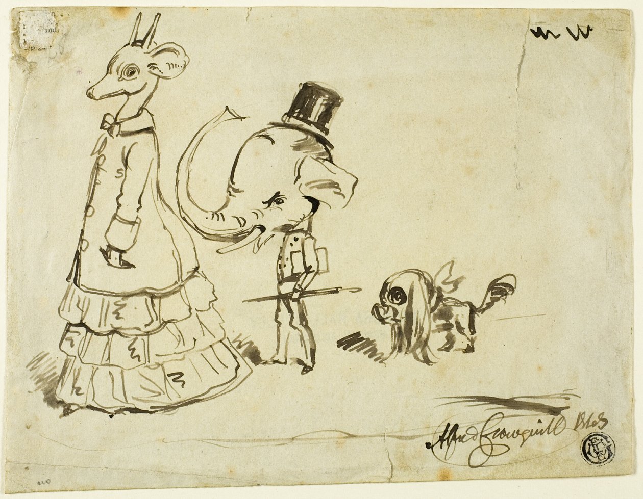 Karikatyyri miehestä, naisesta ja koirasta tekijältä Alfred Henry Forrester