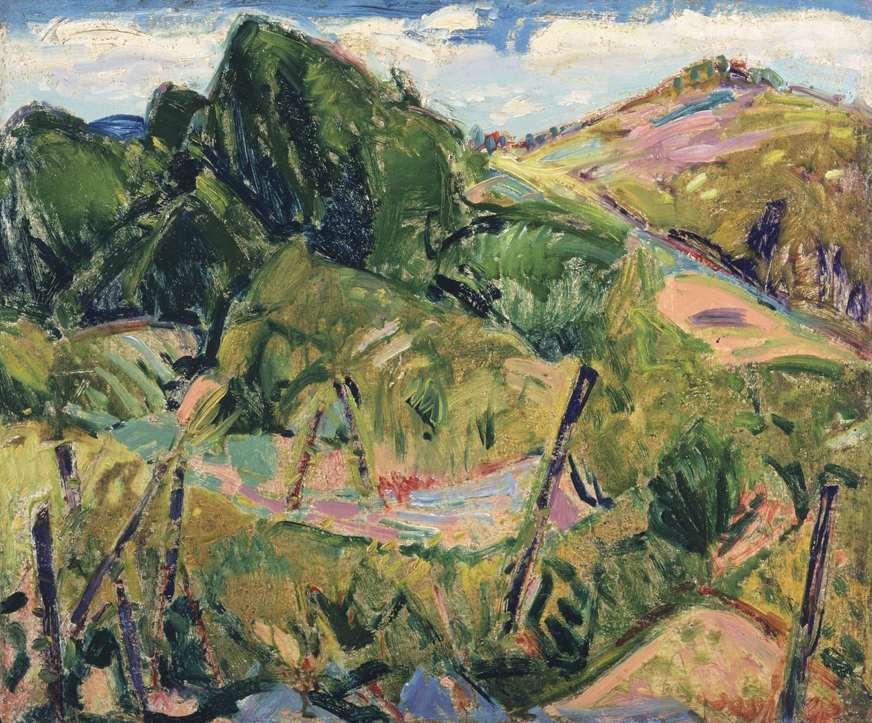 Maisema, n. 1916 (327404:n versio) (öljy gessoed-levylle) tekijältä Alfred Henry Maurer