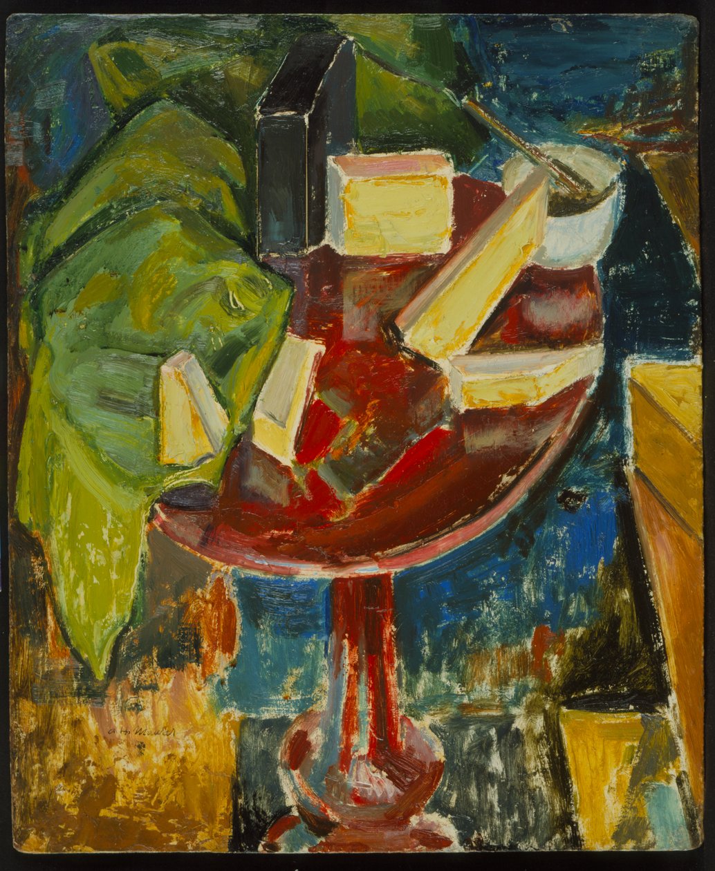 Punainen pöytälevy asetelma, n. 1919 (recto of 372405) (öljy gessoed-levylle) tekijältä Alfred Henry Maurer