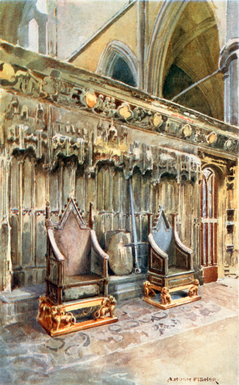 Kruunajaisten kirkko: Westminster Abbey (värilitografia). tekijältä Alfred Hugh Fisher