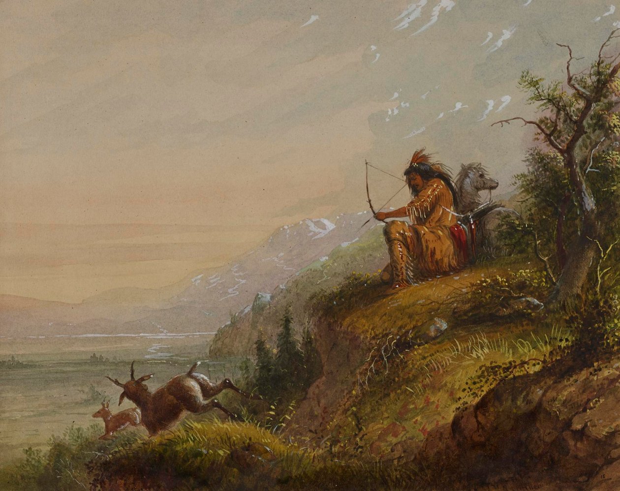 Pawnee-intiaani ampumassa antilooppia tekijältä Alfred Jacob Miller