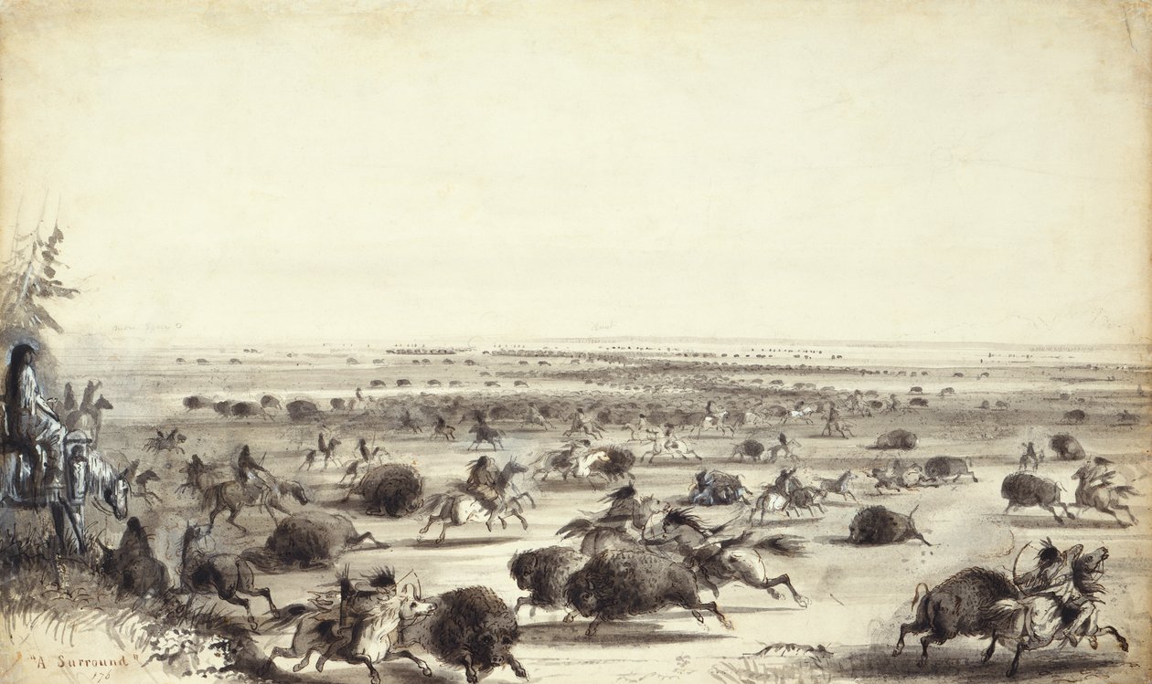 Intiaanien "surround" Buffalosta, n. 1858 (pesu paperille) tekijältä Alfred Jacob Miller