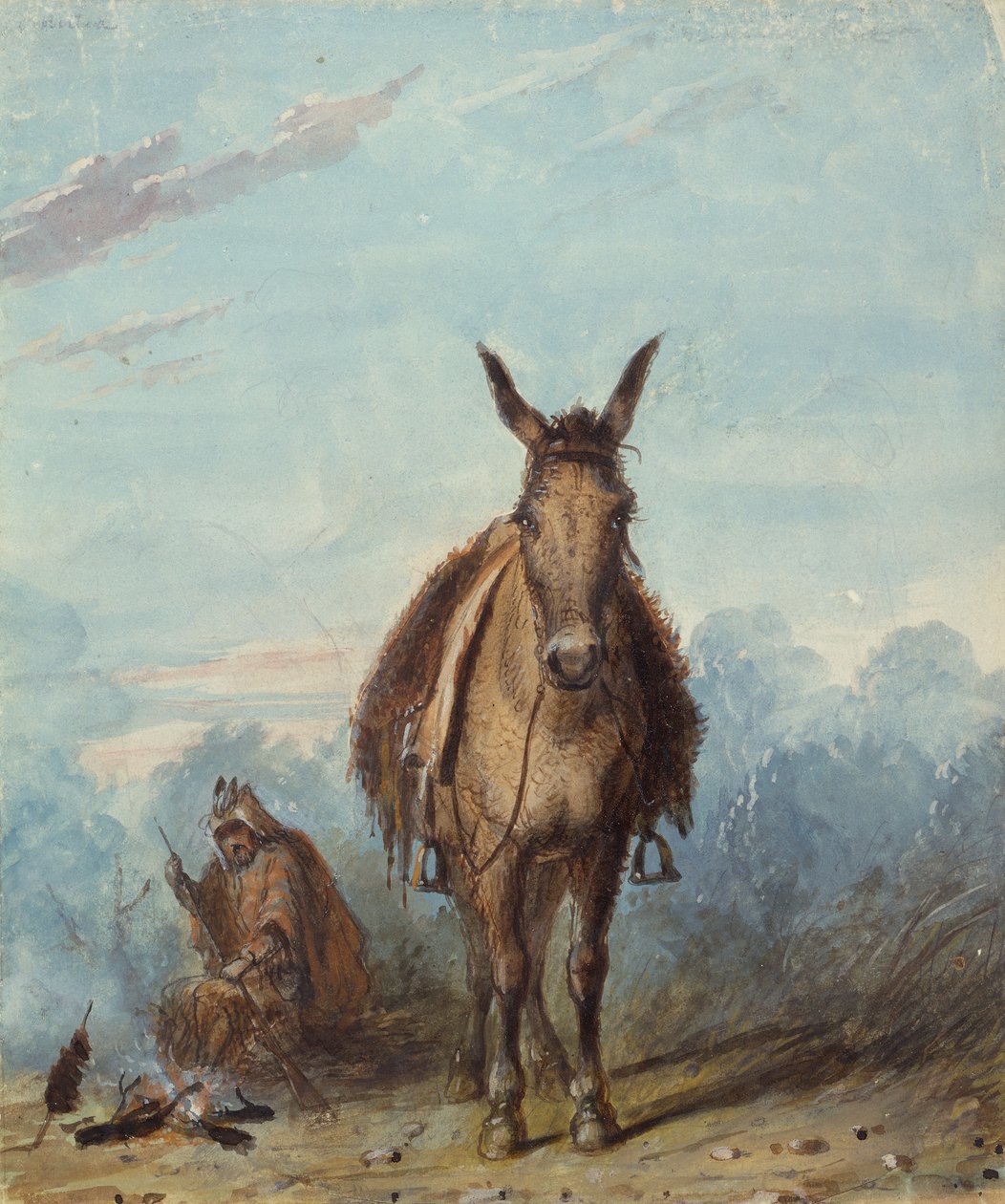 Ansastaja yksinleirillä, n. 1837 (akvarelli paperille) tekijältä Alfred Jacob Miller