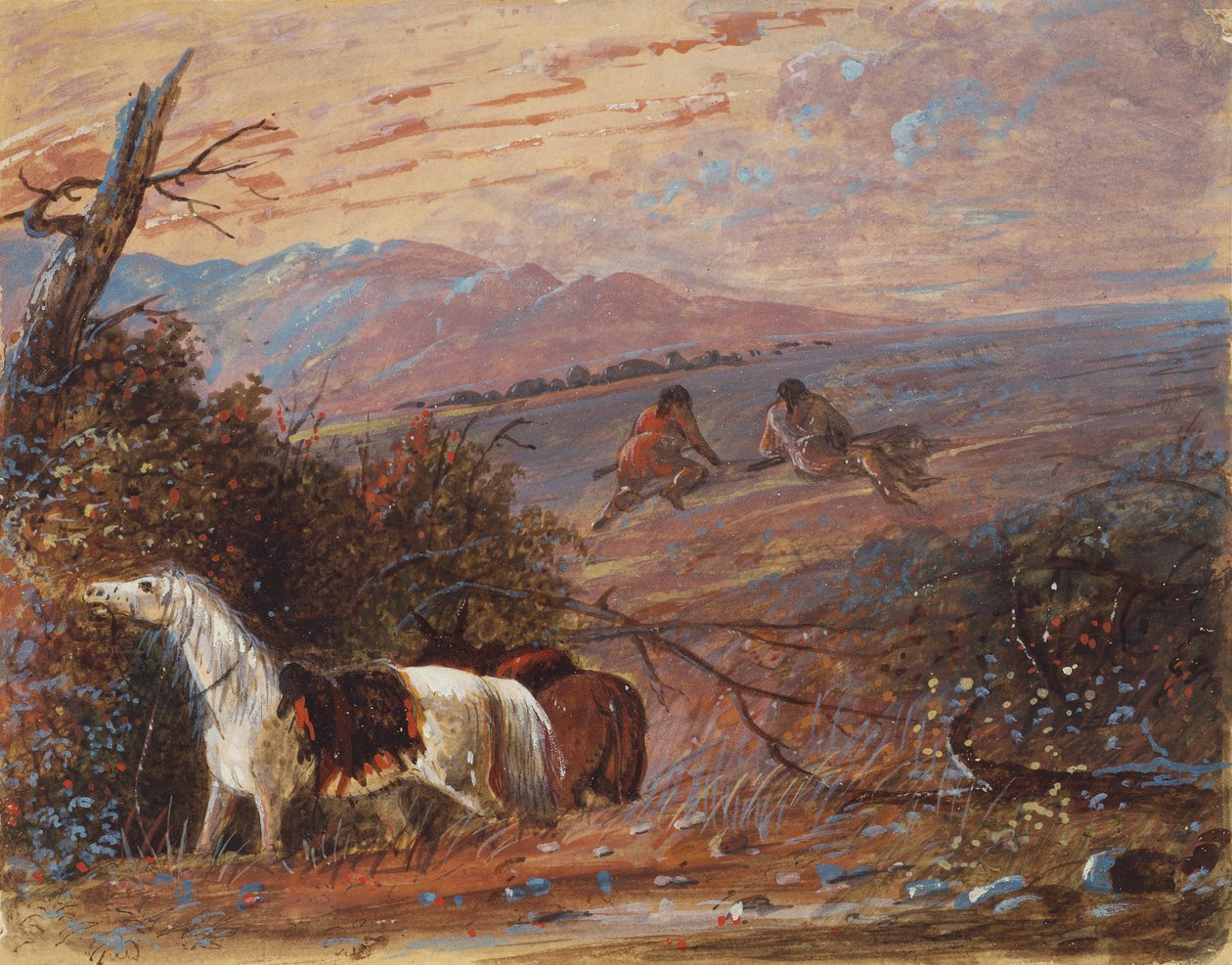 Approaching Buffalo, n. 1858 (akvarelli ja guassi paperille) tekijältä Alfred Jacob Miller