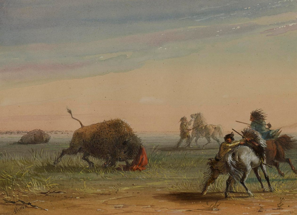 Buffalo kääntyy takaa-ajajiensa kimppuun tekijältä Alfred Jacob Miller