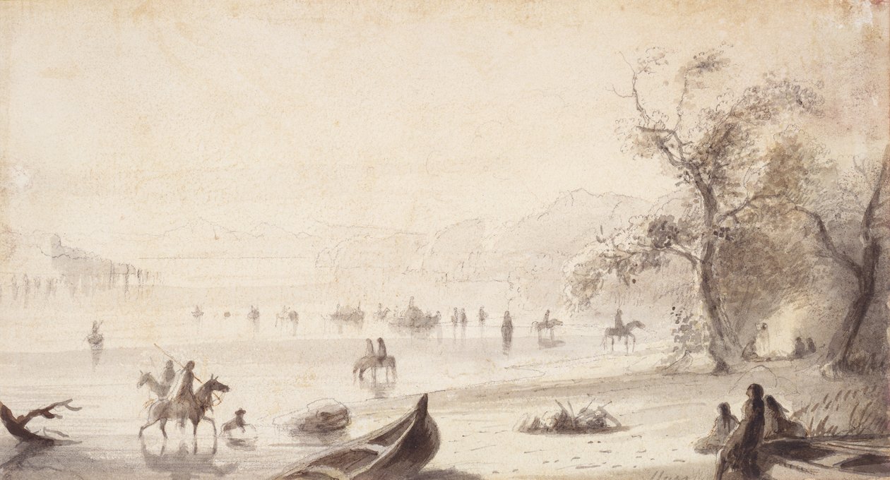 Bull Boating Across the Platte, n. 1837 (piirustus paperille) tekijältä Alfred Jacob Miller