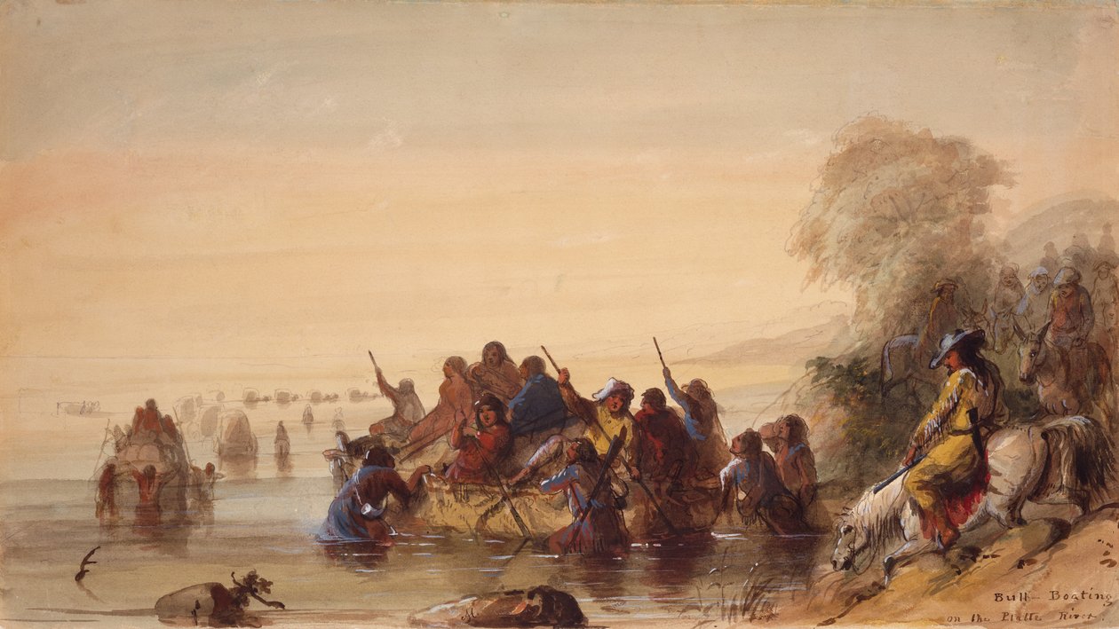 Härkäveneily Platte-joella, n. 1837 (akvarelli paperille) tekijältä Alfred Jacob Miller