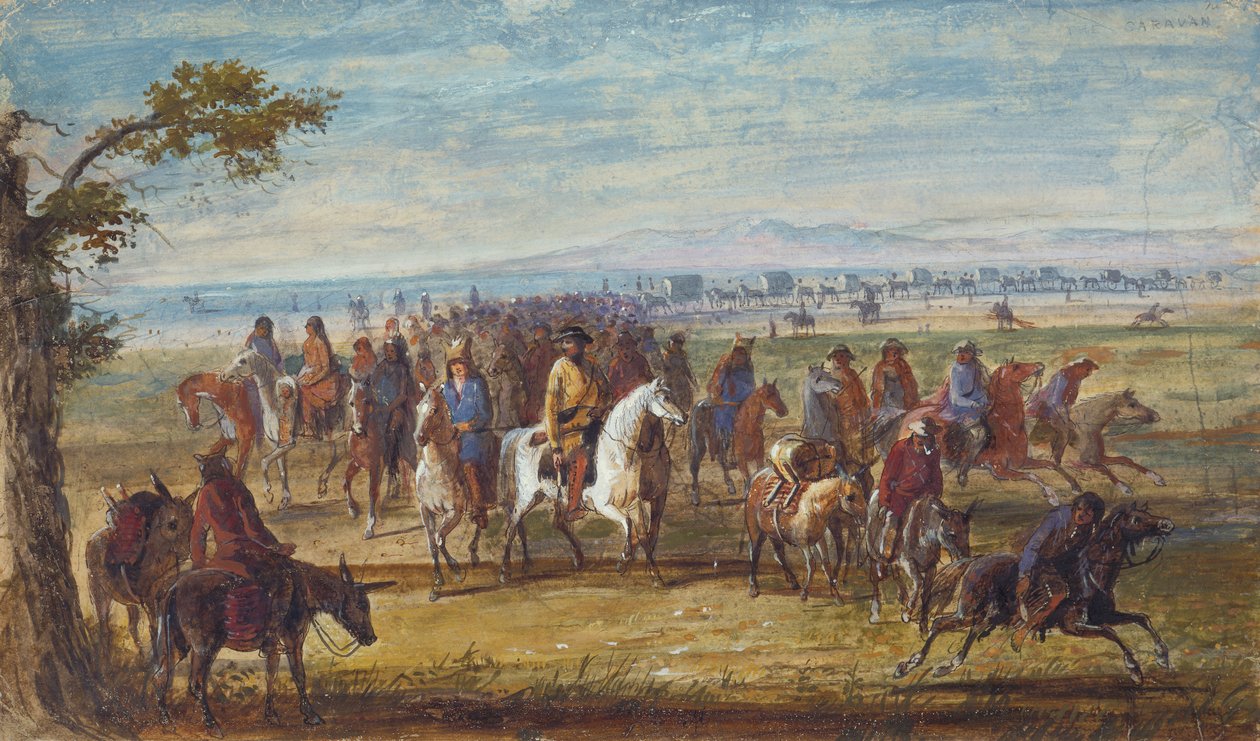 Karavaani: Sir William Stewart asennettuna valkoiselle hevoselle, n. 1837 (öljy paperille) tekijältä Alfred Jacob Miller