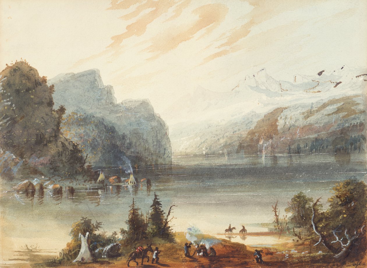 Ketjujärvi Rocky Mountainsissa, n. 1837 (kynä, akvarelli ja guassi paperille) tekijältä Alfred Jacob Miller