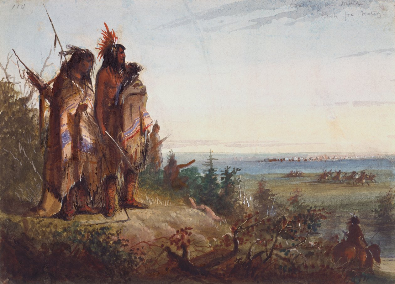 Crossing the Divide tai Thirsty Trappers Making a Rush for the River, n. 1837 (akvarelli paperille) tekijältä Alfred Jacob Miller