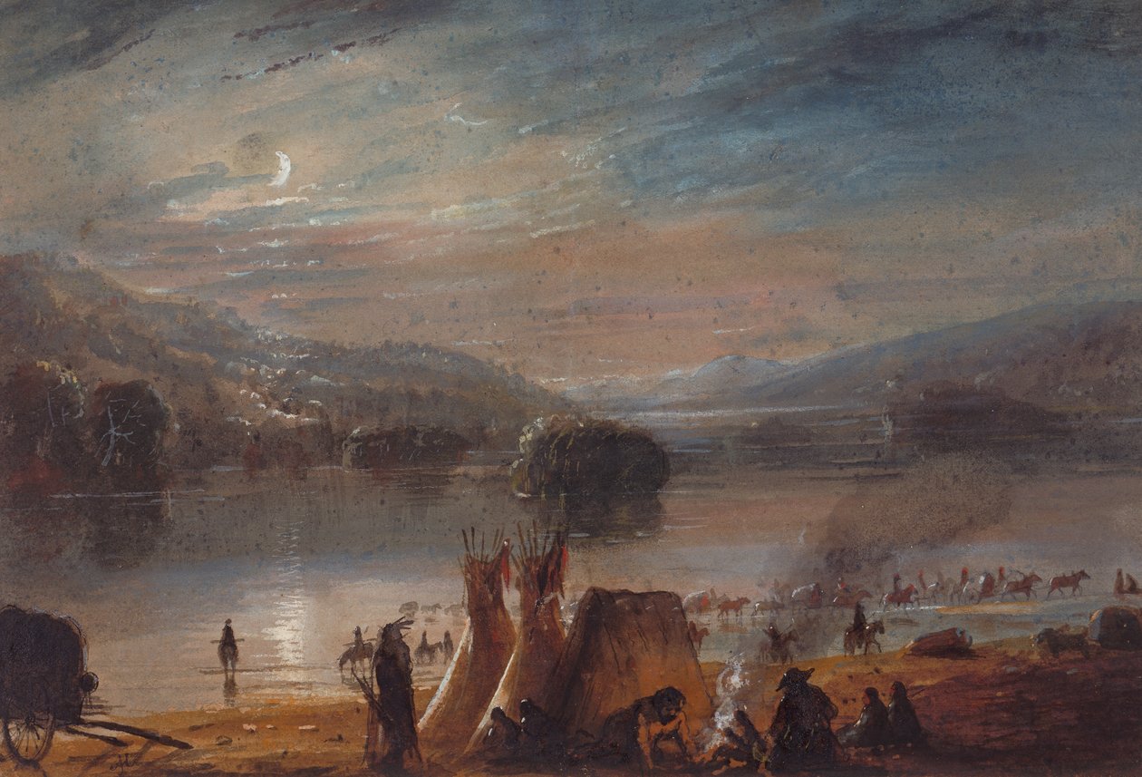 Joen ylittäminen Moonlightilla, leirin teko, n. 1858-60 (akvarelli paperille) tekijältä Alfred Jacob Miller