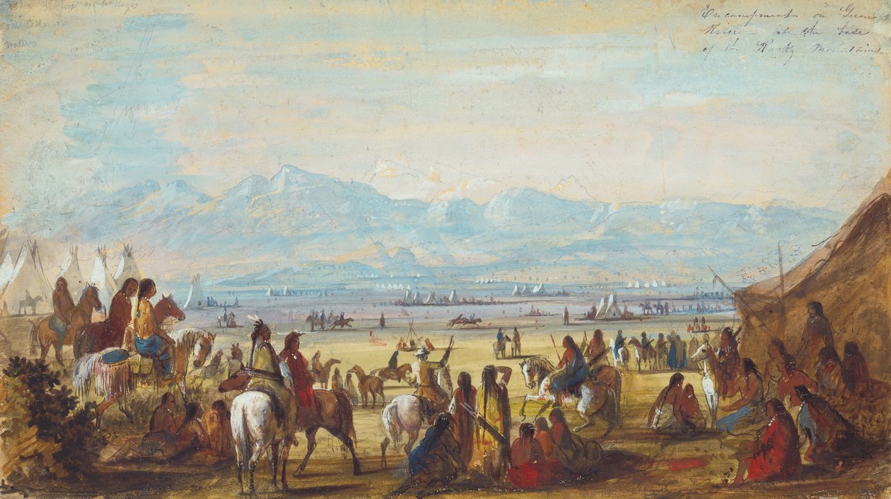 Leirintäalue Green Riverillä Kalliovuorten juurella, n. 1837 (kynä, akvarelli ja guassi paperille) tekijältä Alfred Jacob Miller