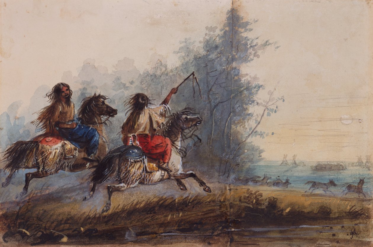 Naaraat, käärmeheimo, ajettavat hevoset, n. 1837 (kynä, akvarelli ja guassi paperille) tekijältä Alfred Jacob Miller