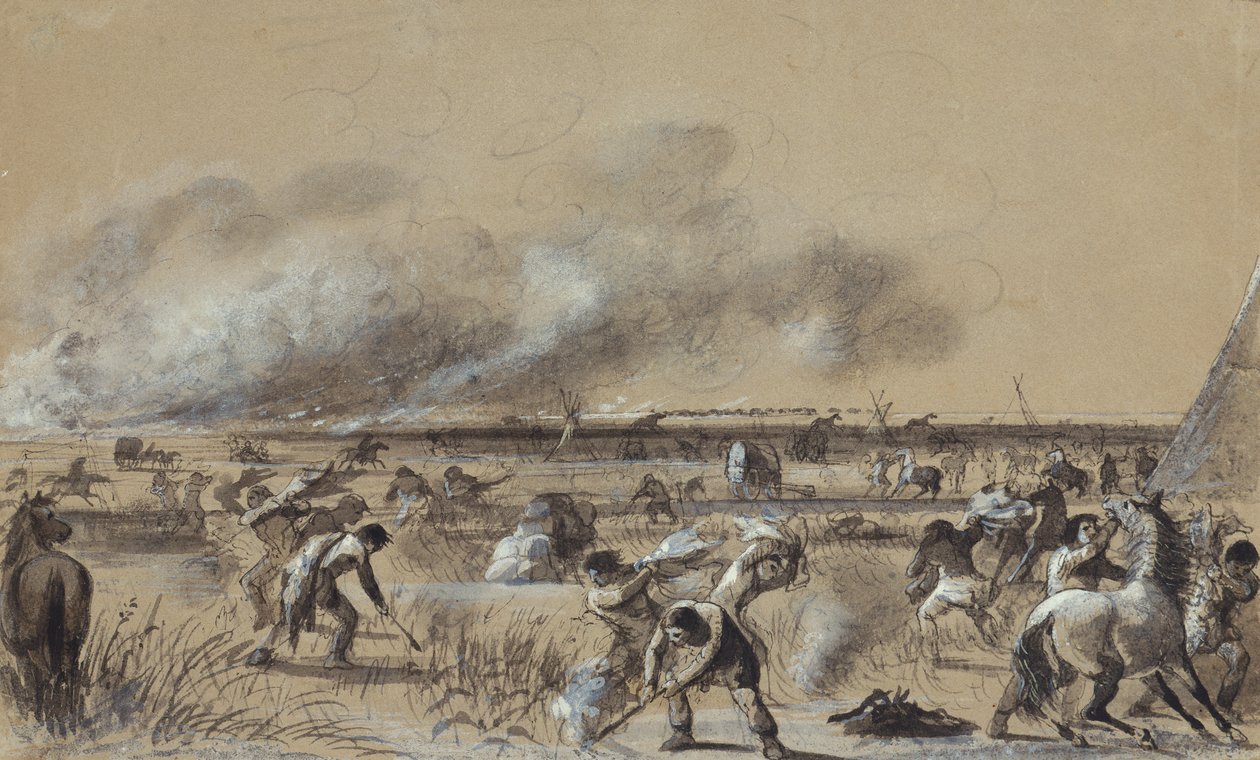 Fire on the Prairie, Setting Fire to the Camp, n. 1837 (pesu paperin kohokohdista) tekijältä Alfred Jacob Miller