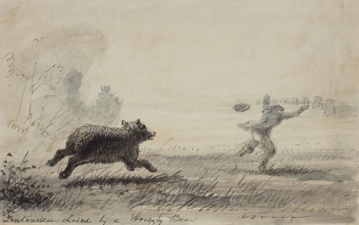 Grizzly-karhun jahtaama Fontenelle, n. 1837 (kynä, muste ja pesu paperille) tekijältä Alfred Jacob Miller