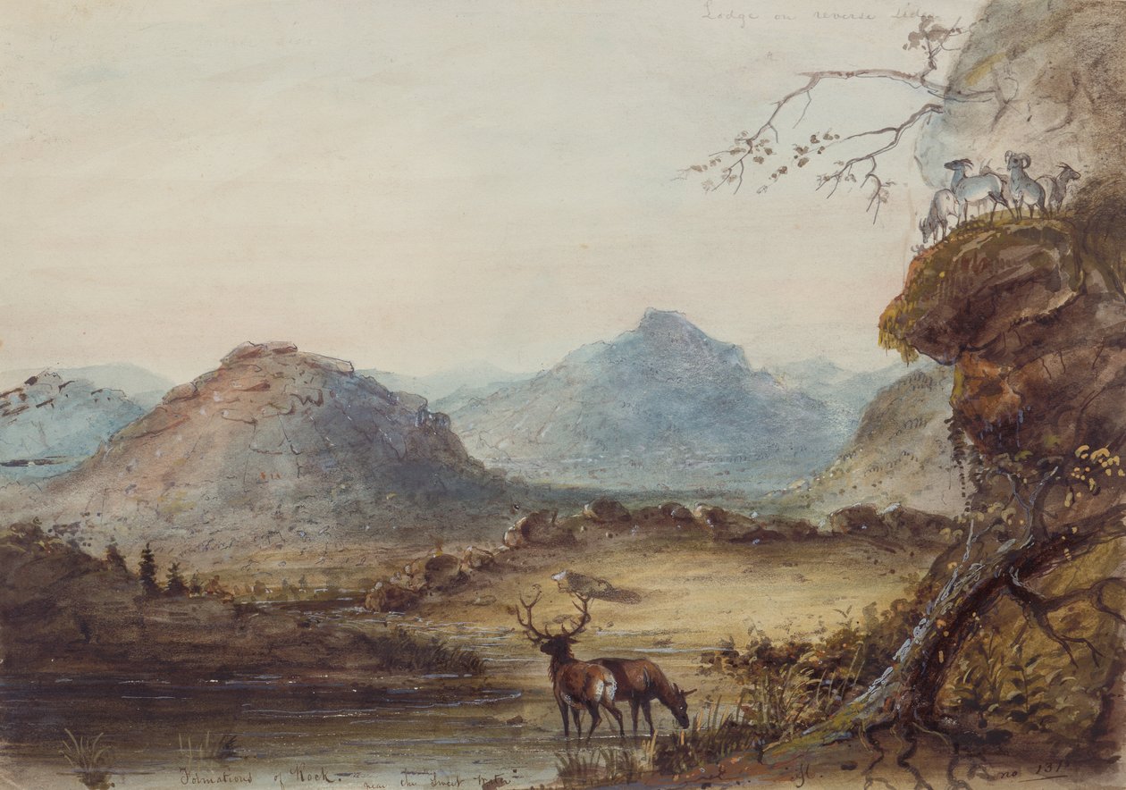 Kalliomuodostelmat lähellä makeaa vettä, n. 1837 (akvarelli paperille) tekijältä Alfred Jacob Miller