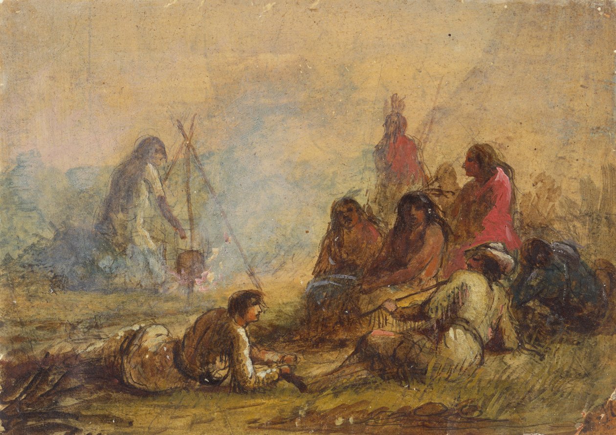 Ryhmä ansoja ja intiaaneja, n. 1837 (akvarelli ja guassi paperille) tekijältä Alfred Jacob Miller