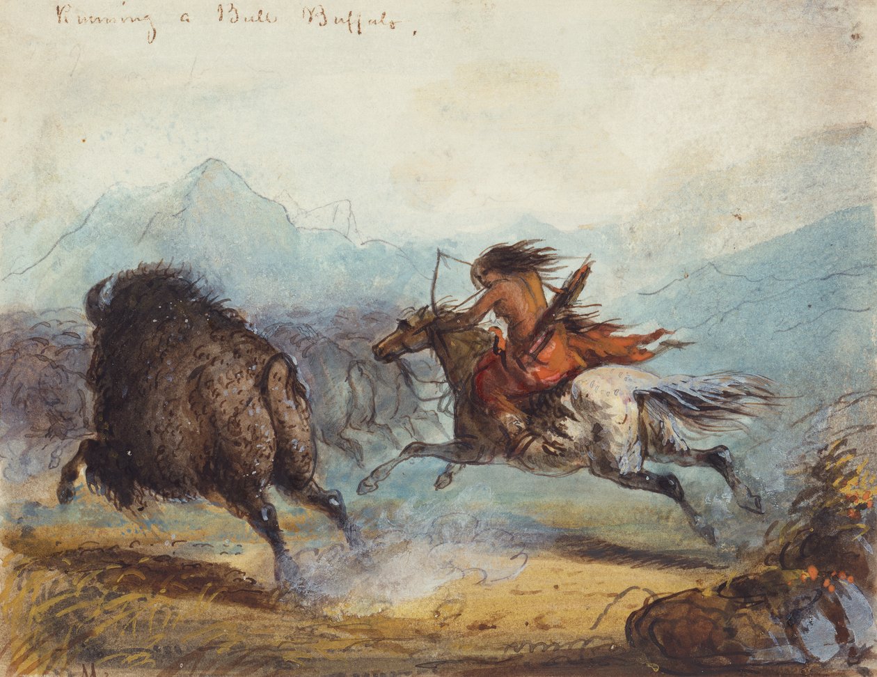 Intialainen nainen juoksee puhvelia, n. 1858-60 (akvarelli paperille) tekijältä Alfred Jacob Miller
