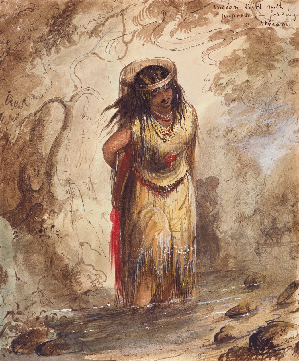 Intialainen tyttö Papooseen kanssa Fording a Stream, n. 1837 (kynä, akvarelli ja guassi paperille) tekijältä Alfred Jacob Miller