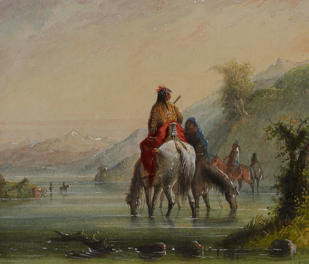 Intiaanitytöt juottamassa hevosia (Eau Sucre River) tekijältä Alfred Jacob Miller