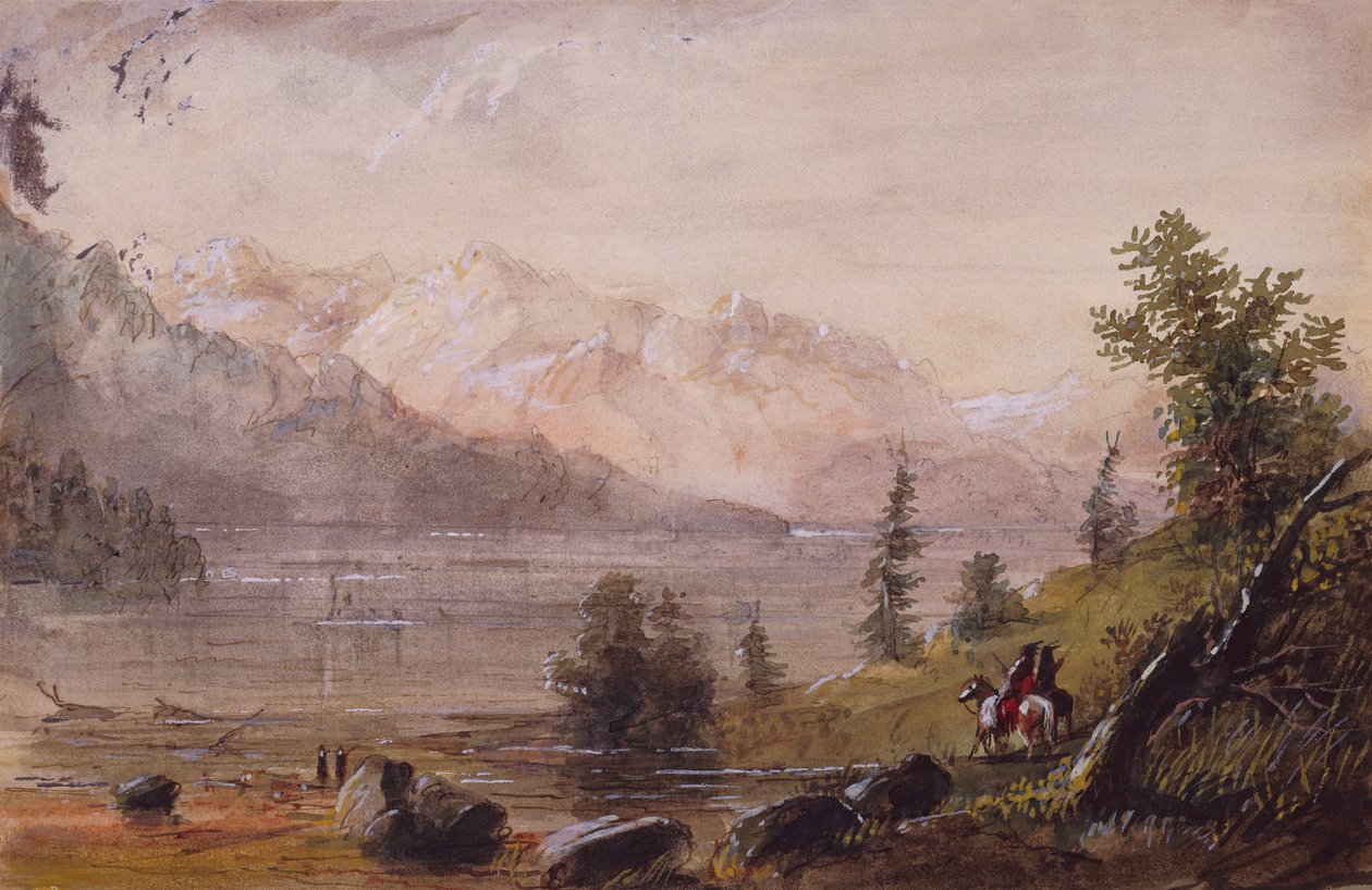Intialaiset metsästäjät etsivät riistaa, n. 1837 (kynä, akvarelli ja guassi paperille) tekijältä Alfred Jacob Miller