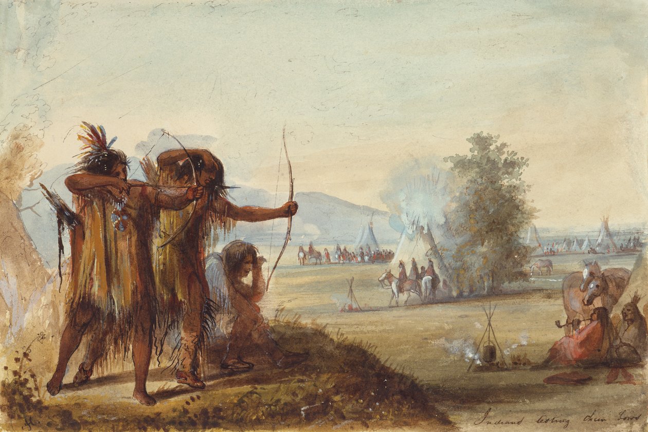 Intiaanit testaamassa jousiaan, n. 1858 (kynä, akvarelli ja guassi paperille) tekijältä Alfred Jacob Miller