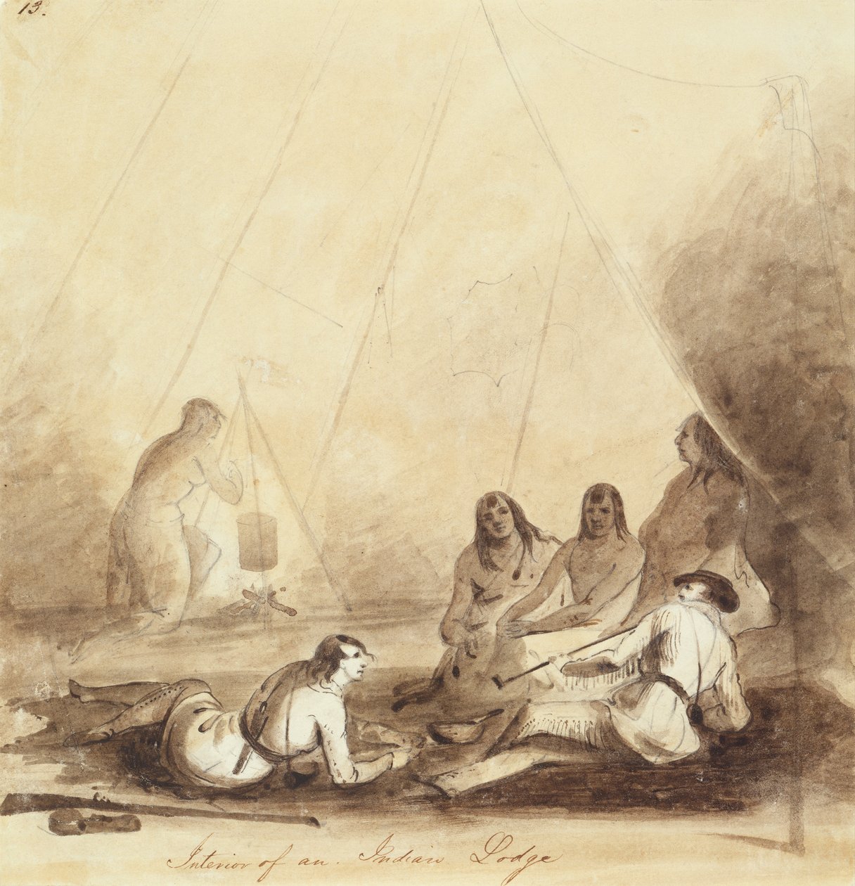 Indian Lodgen sisustus, n. 1837 (lyijykynä, kynä ja muste ja pesu paperille) tekijältä Alfred Jacob Miller