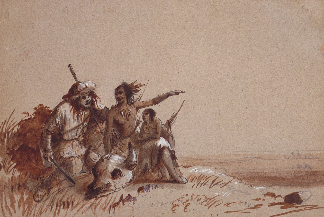 Kansas Indian Recounting to a Trapper, Signs, Migration of Buffalo, n. 1837 (kynä ja ruskeat ja mustat pesut paperilla) tekijältä Alfred Jacob Miller