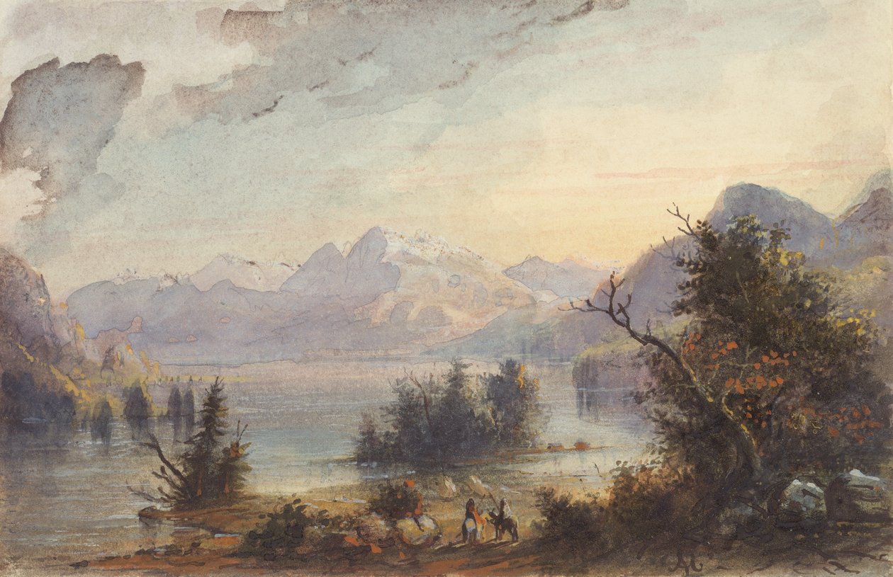 Lake Scene, Rocky Mountains, n. 1837 (akvarelli paperille) tekijältä Alfred Jacob Miller