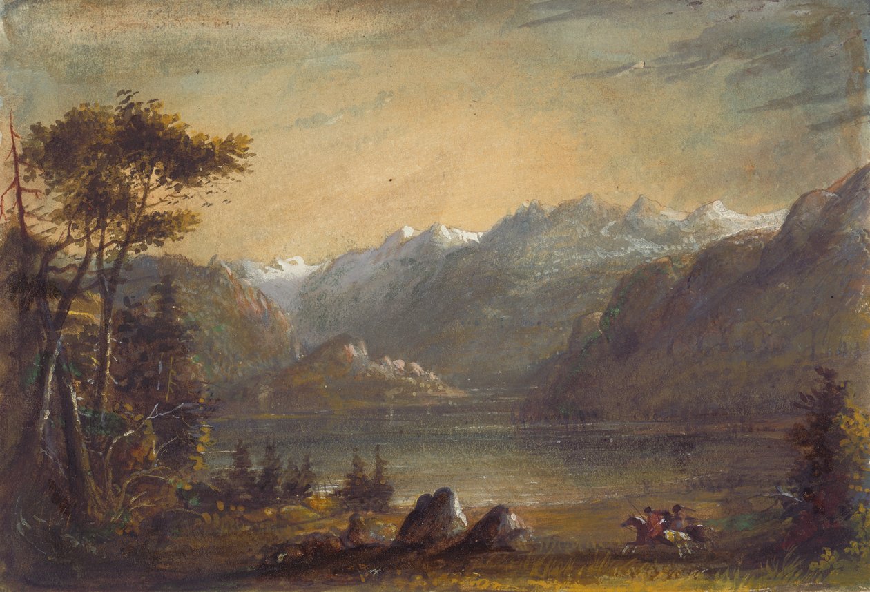 Escena del llac, muntanyes del riu del vent, c.1837 (aquarel·la i guaix sobre paper) finlandès tekijältä Alfred Jacob Miller