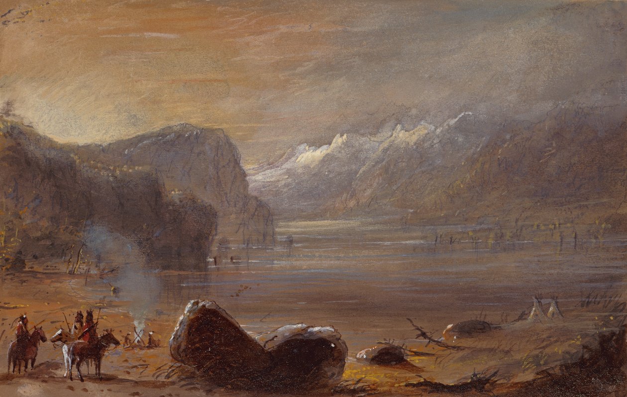 Lake, Wind River Range, n. 1837 (kynä, akvarelli ja guassi paperille) tekijältä Alfred Jacob Miller