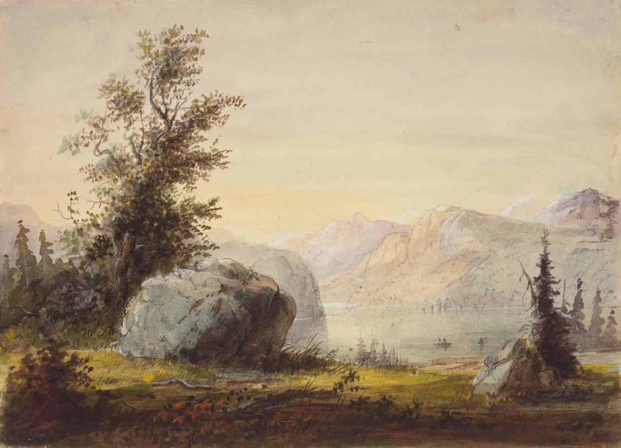 Lake, Wind River, n. 1837 (kynä, akvarelli ja guassi paperille) tekijältä Alfred Jacob Miller