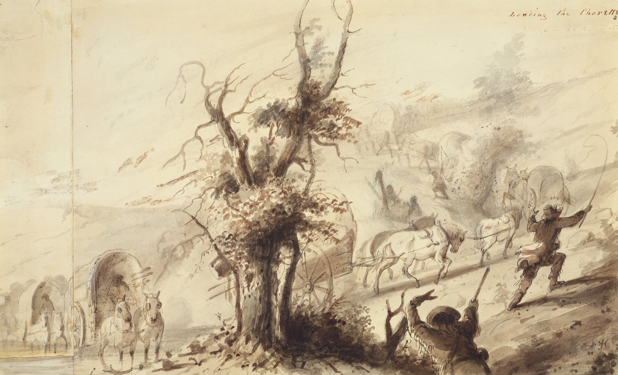 Landing the Charettes, n. 1837 (ruskea pesu paperilla) tekijältä Alfred Jacob Miller