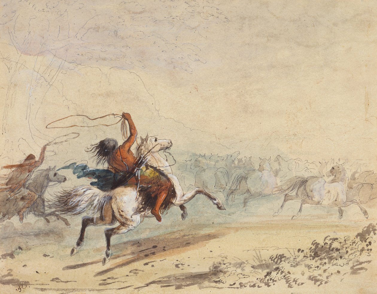 Lassoing Wild Horses, n. 1837 (lyijykynä, kynä, muste, akvarelli ja guassi paperille) tekijältä Alfred Jacob Miller