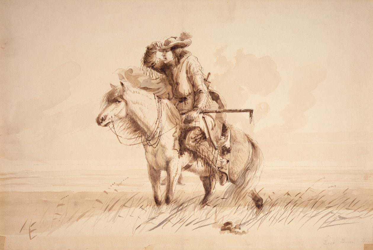 Lost Green Horn, n. 1850 (lyijykynä, kynä ja muste sekä pesu kankaalle) tekijältä Alfred Jacob Miller