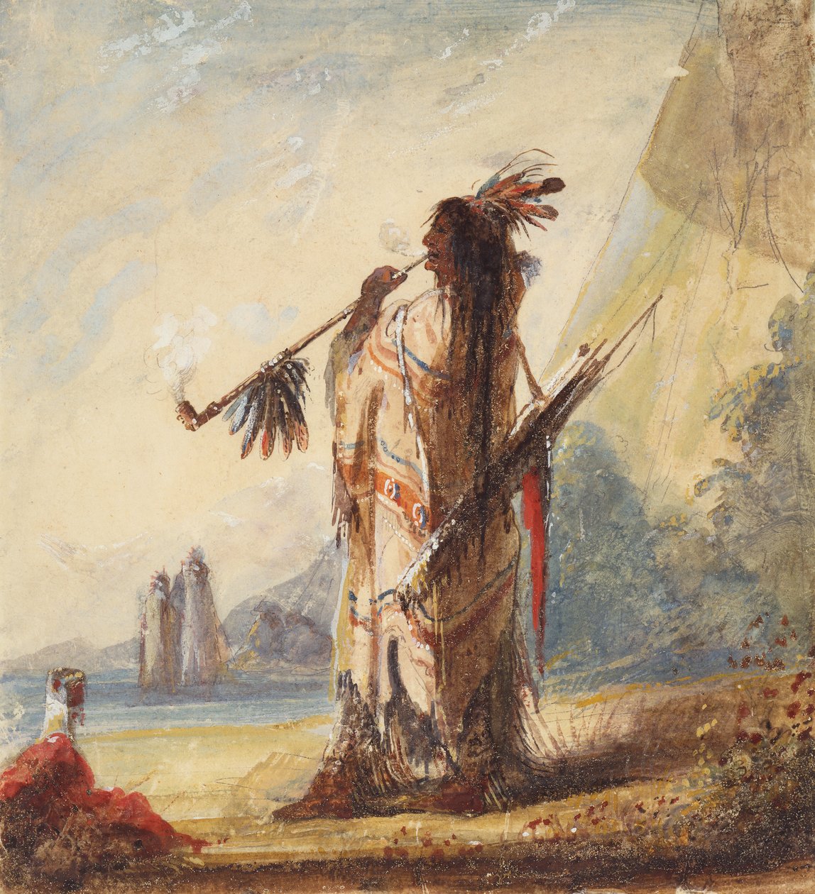 Leisure With Dignity Smoking the Calumet, n. 1837 (kynä, akvarelli ja guassi paperille) tekijältä Alfred Jacob Miller