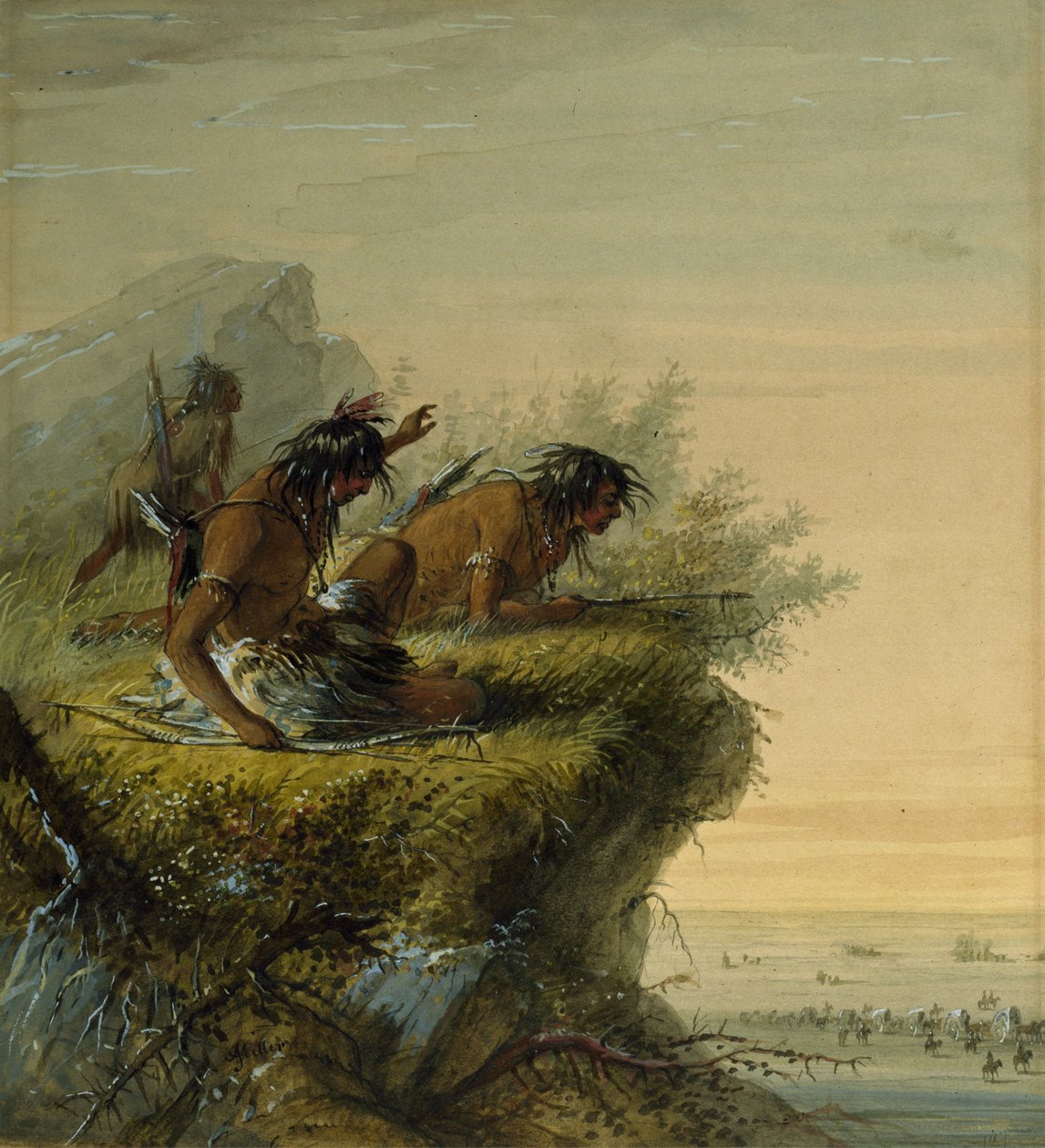 Pawnee-intiaanit tarkkailevat karavaania tekijältä Alfred Jacob Miller