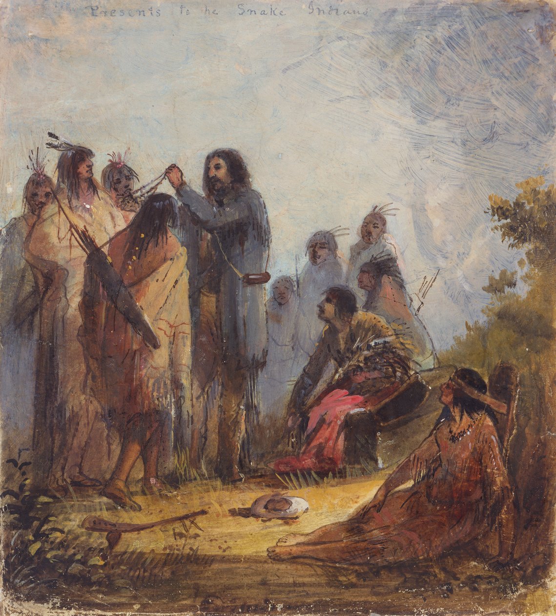 Lahjoja käärmeintiaaneille, n. 1837 (öljy paperille) tekijältä Alfred Jacob Miller
