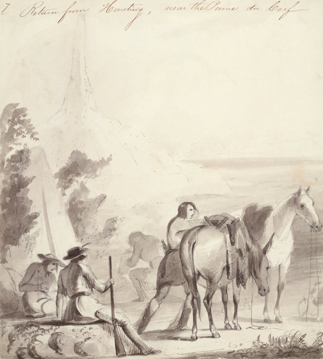 Paluu metsästyksestä, n. 1837 (öljy kartongille) tekijältä Alfred Jacob Miller