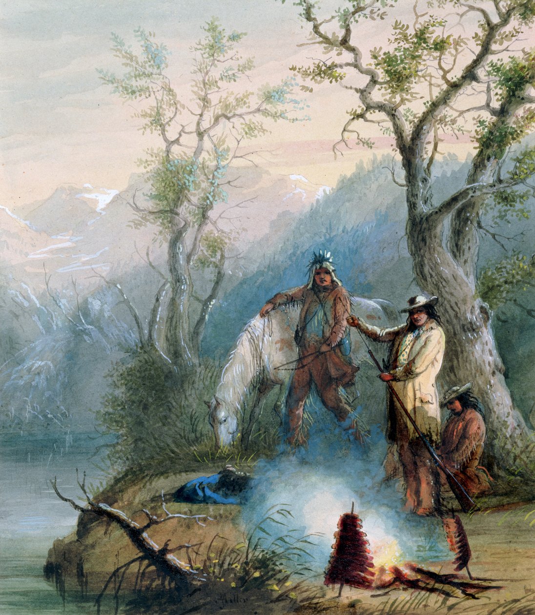 Hump Ribin paahtaminen, 1837 (wc korotettu valkoisella paperilla) tekijältä Alfred Jacob Miller