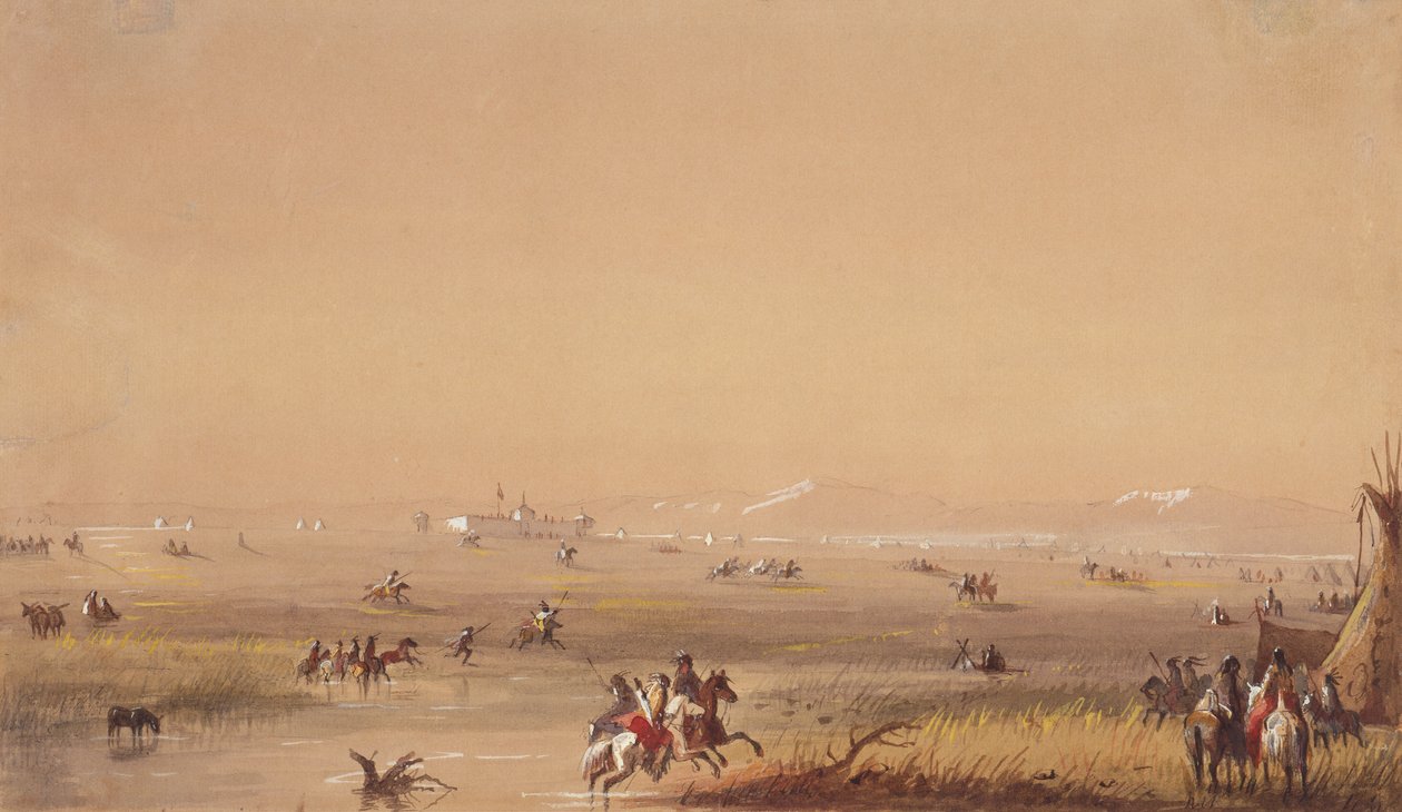 Kohtaus lähellä Fort Laramiea, n. 1837 (kynä, akvarelli ja guassi paperille) tekijältä Alfred Jacob Miller