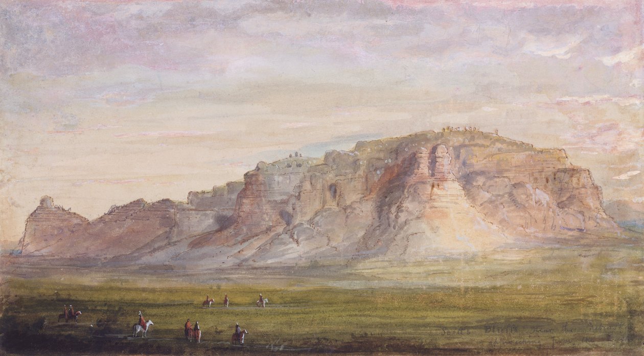 Scotts Bluff lähellä Nebraskaa (Platte), n. 1837 (akvarelli paperille) tekijältä Alfred Jacob Miller