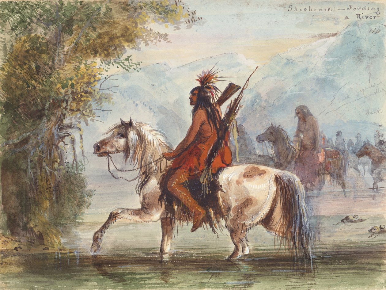 Shoshone Camp Fording a River, n. 1837 (akvarelli paperille) tekijältä Alfred Jacob Miller