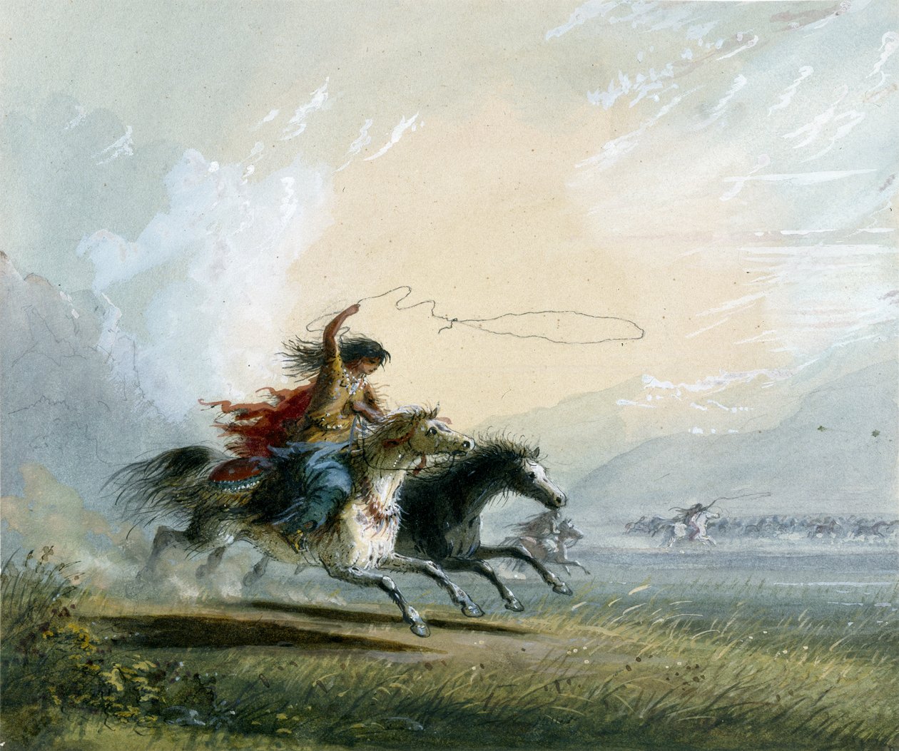 Shoshone-nainen – hevosen kiinniotto tekijältä Alfred Jacob Miller