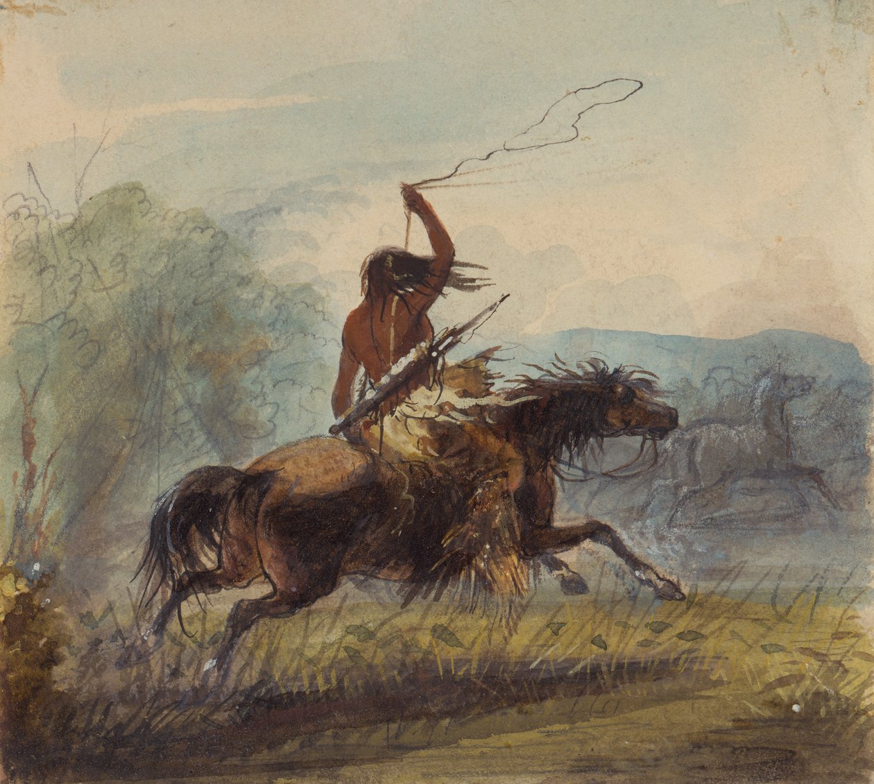 Shoshone Female Throwing the Lasso, n. 1837 (kynä, akvarelli ja guassi paperille) tekijältä Alfred Jacob Miller