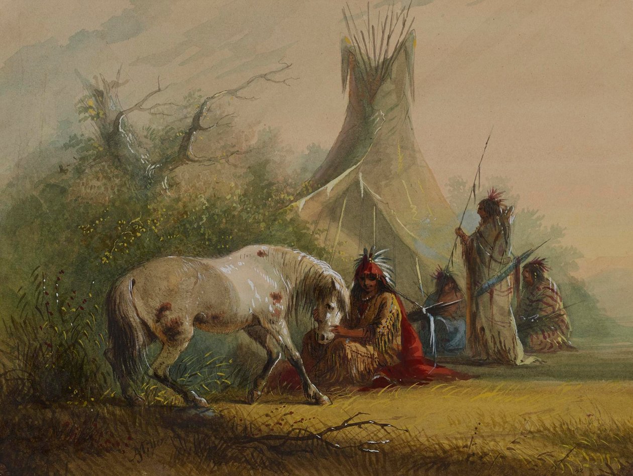 Shoshone-intiaani ja hänen lemmikkihevosensa tekijältä Alfred Jacob Miller