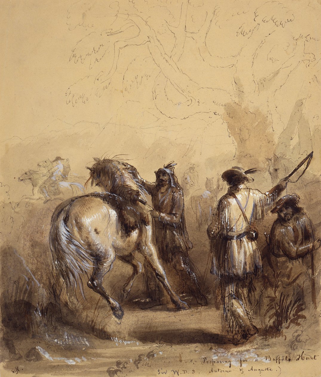 Sir W.D.S., Antoine ja Auguste tai valmistautuminen puhvelinmetsästykseen, n. 1837 (kynä ja muste, pesu ja guassi paperille) tekijältä Alfred Jacob Miller