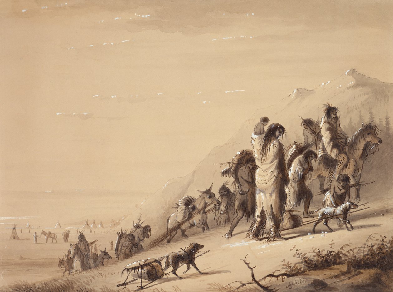 Snake Indians Migrating, n. 1837 (kynä ja muste, pesu ja guassi paperille) tekijältä Alfred Jacob Miller