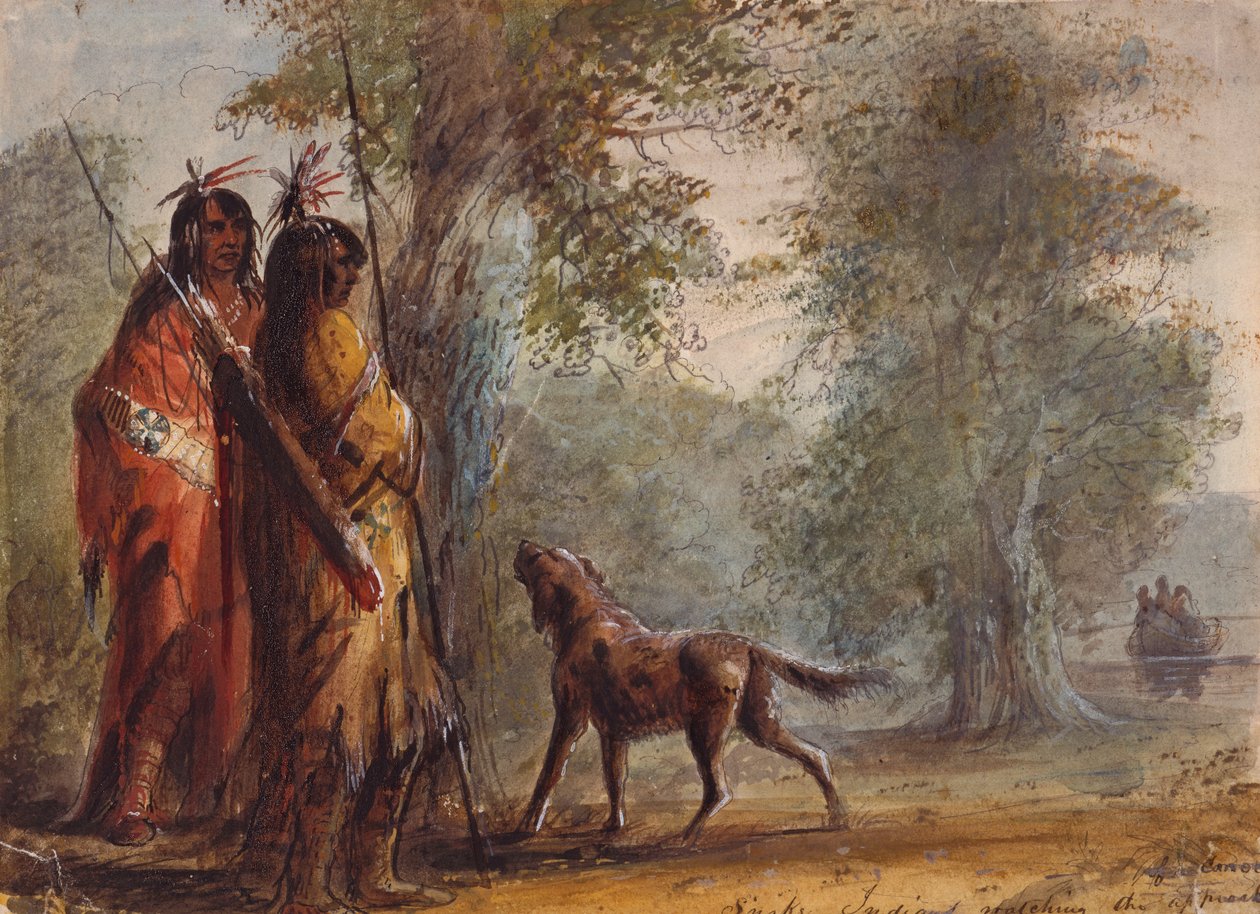 Käärmeintiaanit katsomassa kanootin lähestymistä, n. 1837 (kynä, akvarelli ja guassi paperille) tekijältä Alfred Jacob Miller